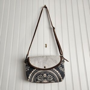 MYRA BAG Blue Brown Ancient Arch Upcycled Canvas Cowhide Leather Crossbody Bag
